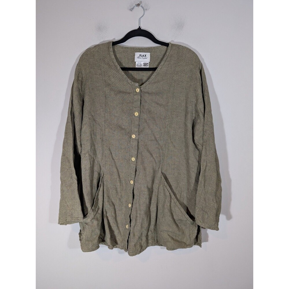 Flax Top Women Sz M Sage Button Down 100% Linen Long Sleeve‎ Lagenlook Tunic